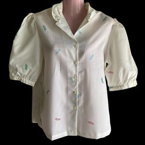 Vtg 70s Ship n Shore Blouse Womens Sz 14 White Leaves Button Cuffs Summer Cool